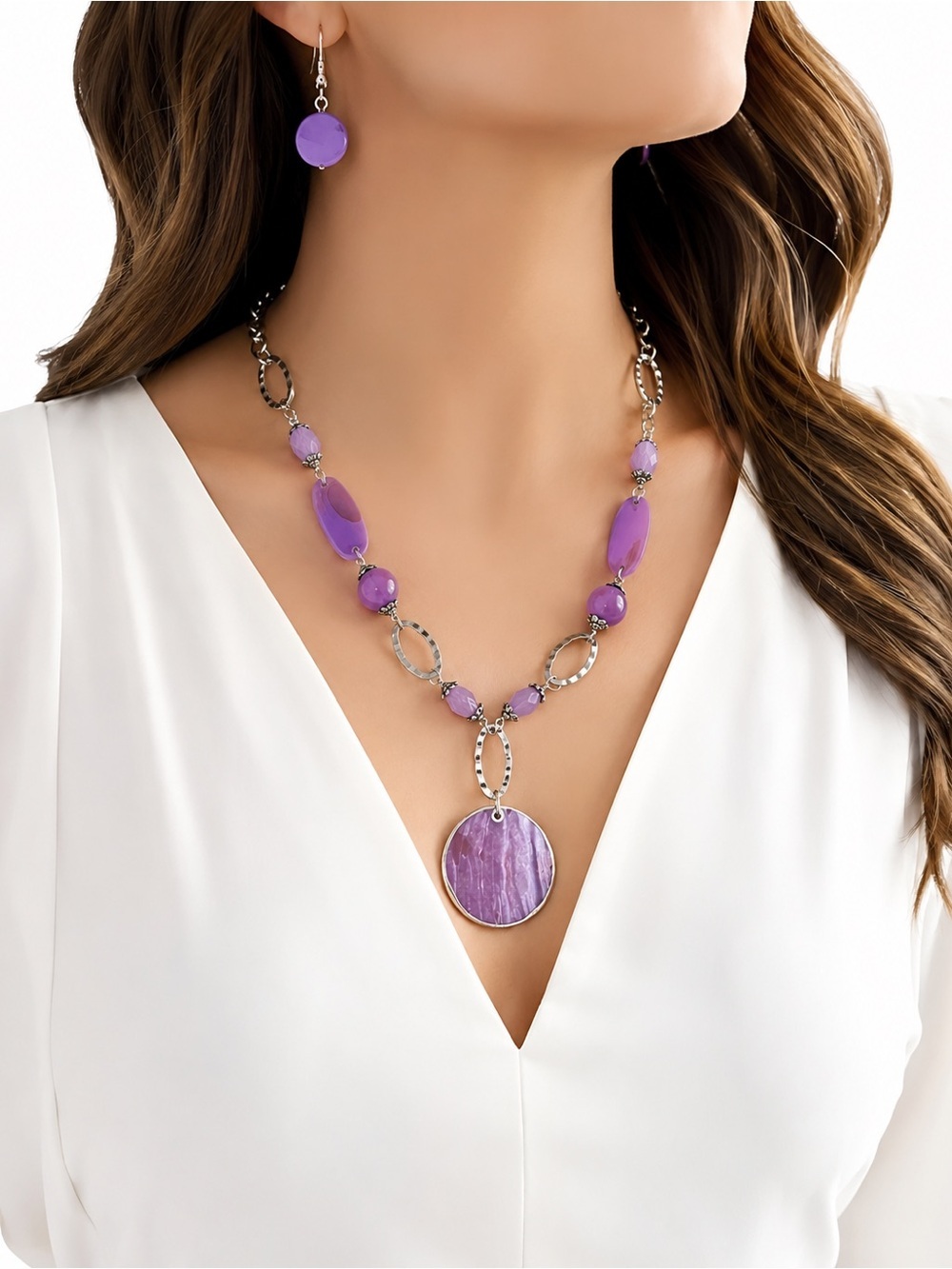 Purple Statement Necklace & Earrings Set | Silver Tone | Beaded Pendant